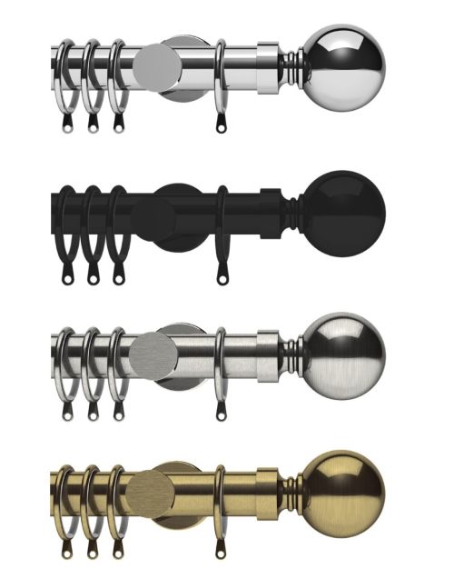 Integra Belgravia Curtain Pole, 28mm Diameter Pole With Rings, Ball Finial, Cylinder Bracket, Complete Pole Set