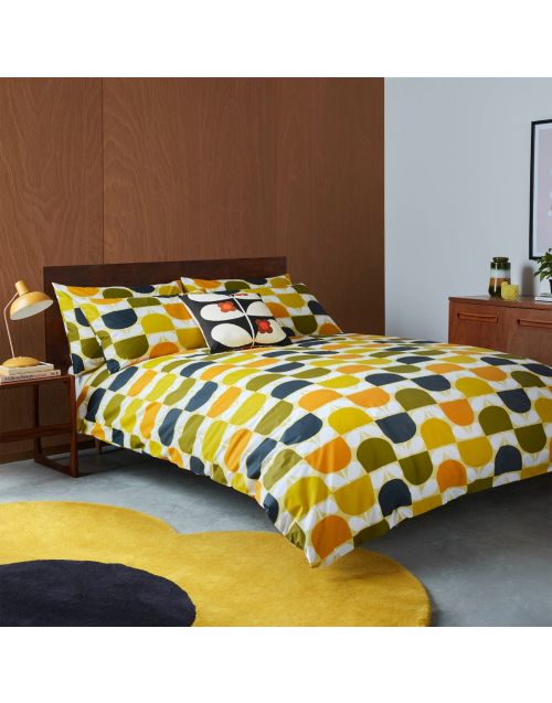 Orla Kiely Block Stem Sicilian Lemon Reversible Duvet Cover Bed Set, 100% Cotton Bedding