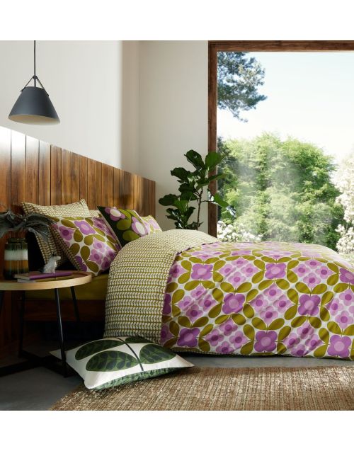 Orla Kiely Flower Tile  Lupin Reversible Duvet Cover Bed Set, 100% Cotton Bedding, Reversible
