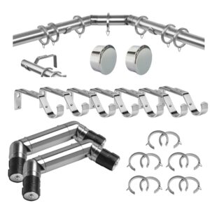bay window curtain pole set, complete with poles, brackets, double corners, rings, end cap finials, fixings all in a modern Chrome finish