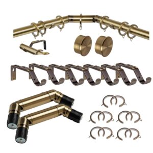 Complete bay window curtain pole set, includes poles, double corner joints, brackets , rings end cap stud finials, fixings all in a stylish antique brass colour
