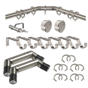 Bay window curtain pole set, includes poles, brackets, rings, double corners, end cap stud finials all in a modern satin steel finish