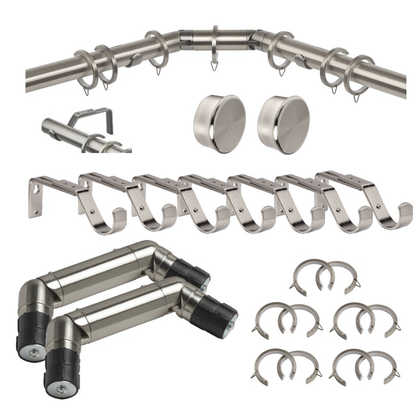 Bay window curtain pole set, includes poles, brackets, rings, double corners, end cap stud finials all in a modern satin steel finish