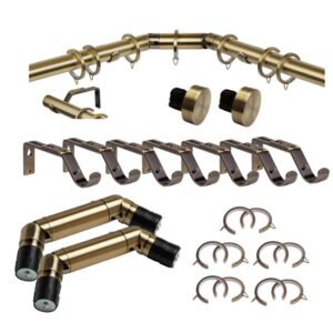 Bay window curtain pole in antique brass, stud finials, complete set with brackets rings and fixings