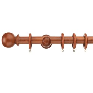 Chestnut finish wood curtain pole by Swish in the Naturals collection, with rings ball finials brackets 35mm wooden pole