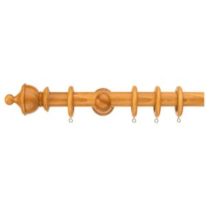 Wood curtain pole set antique pine colour 35mm diameter pole urn finial brackets rings