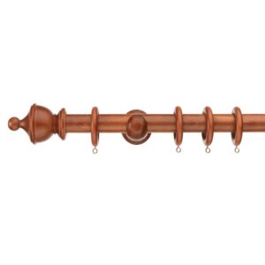 Swish Naturals wood curtain poles, chestnut colour with Urn finial, brackets and rings sizes from 120cm up to 360cm wide