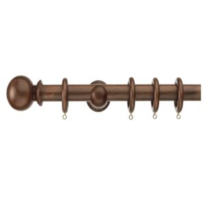 Dark Walnut wooden curtain pole set, with ball finial rings and brackets, 35mm diameter.