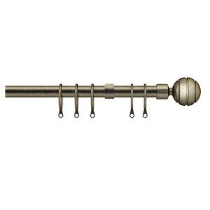 Antique Brass Silver Extendable Metal curtain pole set with brackets, rings and a modern sliced ball finial