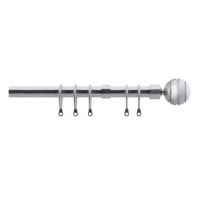 Satin Silver Extendable Metal curtain pole set with brackets, rings and a modern sliced ball finial