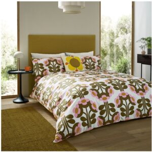 Orla Kiely Buttercup Blossom Duvet cover set 100% cotton with Large Buttercup motifs in retro tones of pink, olive green and brown