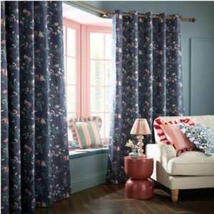 Cath Kidston Paper Birds eyelet blackout curtains in rich nighshaddow blue, featuring Beautiful birds in soft pastel shades