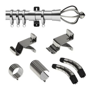 Design Studio 28mm diameter bay window curtain pole set consort Crown cage finial Satin Steel, with brackets, rings, corner joints, finails, fixings and instructions