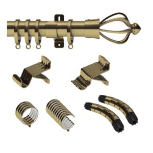 Design Studio 28mm bay window curtain pole consort crown finial antique brass, complete with flexible corners, brackets, rings, fixings and instructions