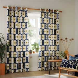 Orla Kiely Abacus Flower Pair of Curtains in rich navy blue and olive-green colour,Printed onto a 100% cotton Panama base