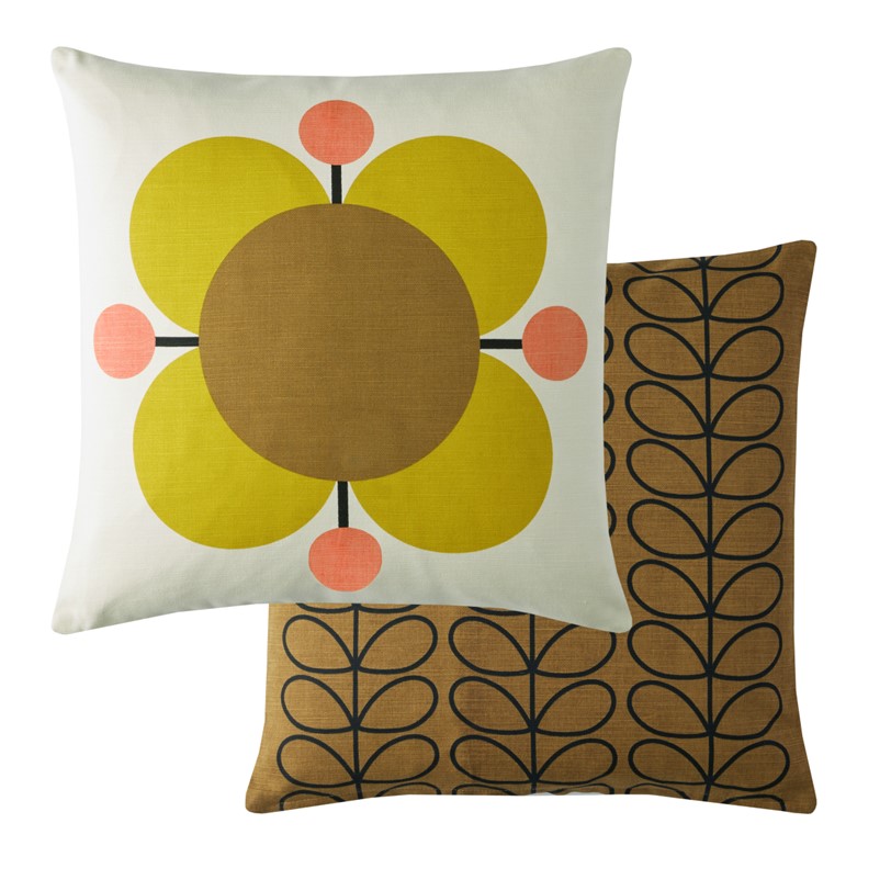 Orla Kiely Atomic Flower Primrose cushion Orla Kiely 45cm cushion featuring bright, retro colours of yellow and orange. 100% cotton cover with a microfibre filler.