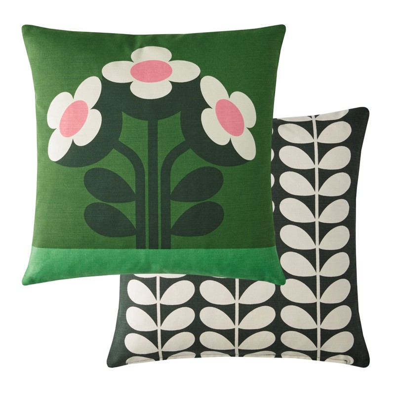 Orla Kiely Buttercup Pine cushion Orla Kiely 45cm reversible cushion featuring a trio of buttercups in vivid greens and bright pink decorates this 100% cotton cover, microfibre filled cushion.