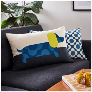 Orla Kiely Dachshund blue feather filled cushion, 100% cotton cover and zip closure. Featuring a bold palette of bright dandelion yellow, jet black and cobalt blues