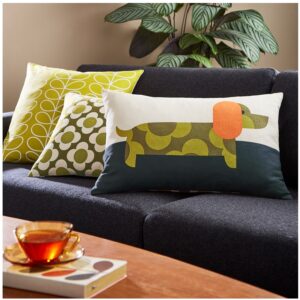 Orla Kiely Dachshund Yellow feather filled cushion, 100% cotton cover with zip closure. Reversible cushion