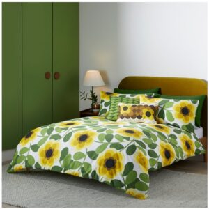 Orla Kiely Giant Water Lily Lemon Twist Bedding. 200 thread count, 100% cotton. Vibrant shades of lemon yellow and leaf greens in a water lily design.