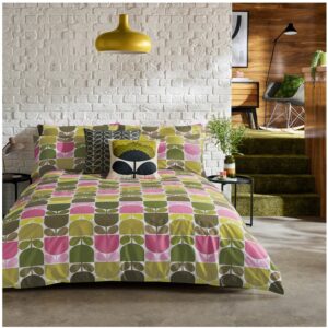 Orla Kiely Multi Block Stem Multi duvet bedset with a bold, bright sixties feel. candy pinks, moss greens and warm, autumnal brown shades. 100% cotton and 200 thread count, includes pillowcases.