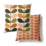 Orla Kiely Multi Stem Feather Filled cushion, in Auburn oranges and autumn colour tones, zip fastening