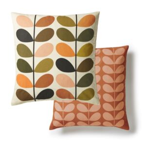 Orla Kiely Multi Stem Feather Filled cushion, in Auburn oranges and autumn colour tones, zip fastening