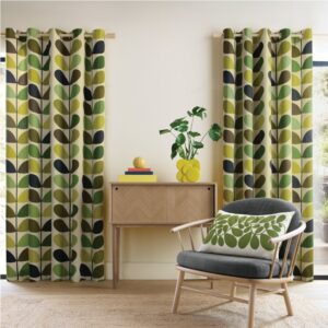 Orla Kiely Multi Stem Fern ochre curtains, pair of curtains fully lined with printed lining