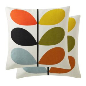 Orla Kiely Multi Stem Multi Coloured Filled Filled cushion. Cover 1000% cotton with iconic stem design, with orange, duckegg, yellow olive, black leaves