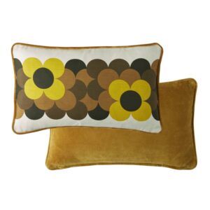 Orla Kiely Retro Flower Stripe Dune Filled cushion. In a nostalgic colour palette of yellows and ochre shades, this graphic, cushion features a textured cotton face and a soft, plain cotton velvet reverse and piped edge.