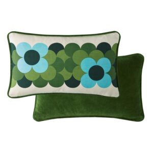 Orla Kiely Retro Flower Stripe Riviera filled cushion. In a palette of bright blue and vivid green shades, this eye-catching cushion features a tex-tured cotton face and a soft, plain cotton velvet reverse and piped edge. With zip closure.