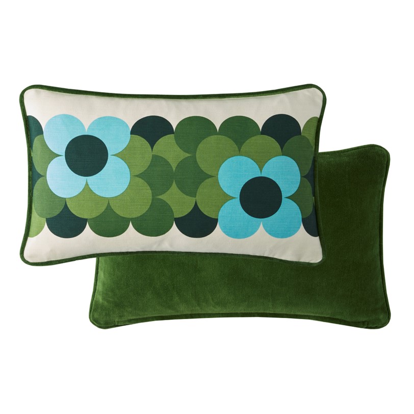 Orla Kiely Retro Flower Stripe Riviera cushion Orla Kiely Retro Flower Stripe Riviera filled cushion. In a palette of bright blue and vivid green shades, this eye-catching cushion features a tex-tured cotton face and a soft, plain cotton velvet reverse and piped edge. With zip closure.