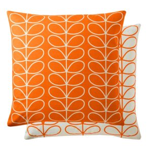 Orla Kiely Small Linear Stem feather filled cushion in Persimmon colour. 100% cotton cover and concealed zip closure, this cushion has a classic orange and white linear stem design