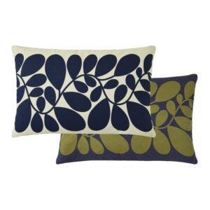 Orla Kiely Sycamore Stripe Space blue cushion is printed in a rich navy and olive-green shade on one side and a classic navy and cream on the other. 100% cotton cover, feather filled with zip closure