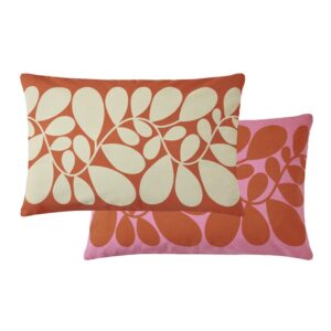 Orla Kiely Sycamore Stripe Tomato/Pink feather filled cushion is printed in a vibrant tomato red and cream on one side and a bright pink and red on the other. 100% cotton cover with a zip closure