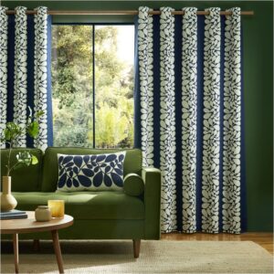Orla Kiely Sycamore stripe curtains in Space Blue, lined eyelet curtains