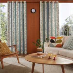 Orla Kiely Sycamore stripe curtains pair of duckegg and cream eyelet curtains