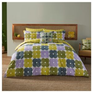 Orla Kiely Textured Flower Lilac/moss Bedding. 100% cotton, 200 thread count 70s inspired bedset design in a palette of light cream, lilac and seagrass greens shades.