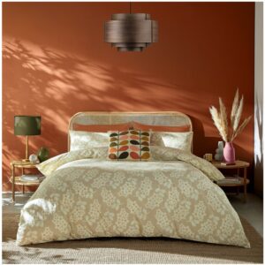 Orla Kiely Wisteria Taupe duvet bedset, 100% cotton and 200 thread count featuring floral sprigs in warm, natural shades of cream and taupe and a bright pop of clementine