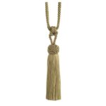 Pistachio Green Swish Cheviot curtain tieback with Turk's head knot and tassels