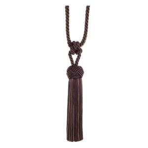 Brown Swish Cheviot curtain tieback with Turk's head knot and tassels