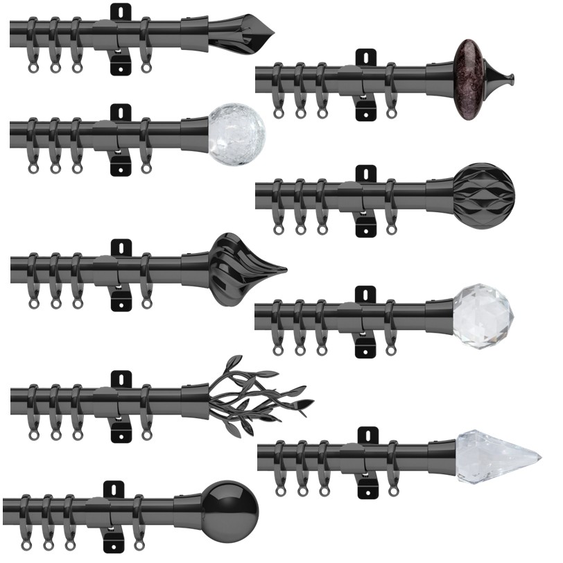 Swish Design Studio bay window curtain Poles All finials luxury rings graphite Swish Design Studio bay window curtain Poles All finials luxury rings graphite