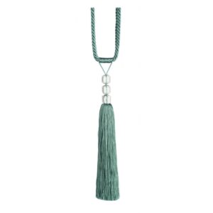 Teal Swish Finesse curtain tieback with clear beads and straight tassel