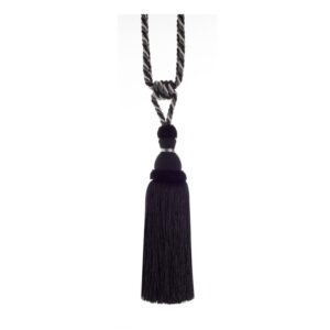 Charcoal Swish Moulin curtain tieback with a corset design and tassels