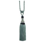 Duck Egg Blue Swish Moulin curtain tieback with a corset design and tassels.