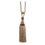 Gold Swish Moulin curtain tieback with a corset design and tassels.