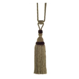 Pistachio Green Swish Moulin curtain tieback with a corset design and tassels.