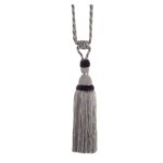 Silver Swish Moulin curtain tieback with a corset design and tassels.