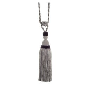 Silver Swish Moulin curtain tieback with a corset design and tassels.
