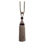 Taupe Swish Moulin curtain tieback with a corset design and tassels.